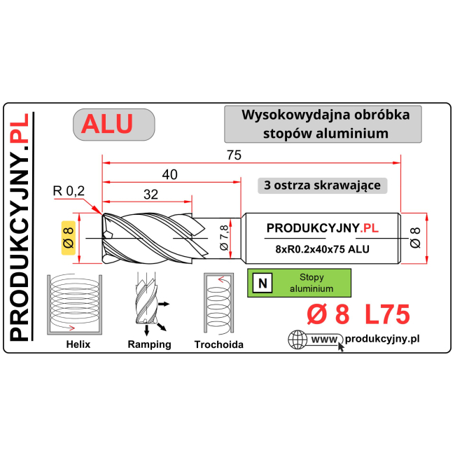 Frez fi 8 R0,2 ALU LONG L75